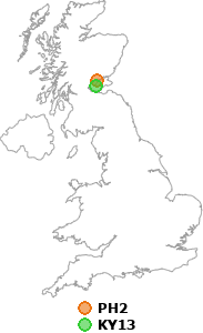 map showing distance between PH2 and KY13