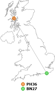 map showing distance between PH36 and BN27