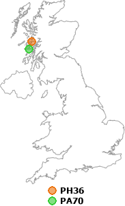 map showing distance between PH36 and PA70