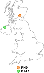 map showing distance between PH9 and BT47