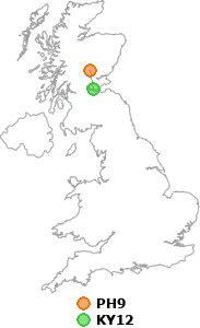 map showing distance between PH9 and KY12