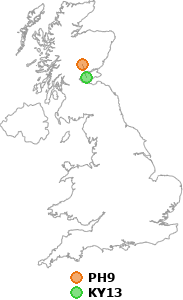 map showing distance between PH9 and KY13