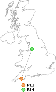 map showing distance between PL1 and BL4