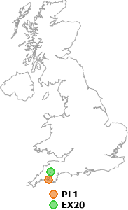 map showing distance between PL1 and EX20