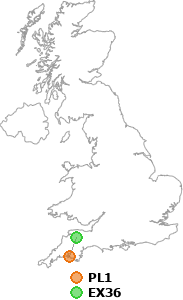 map showing distance between PL1 and EX36