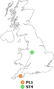 map showing distance between PL1 and ST4