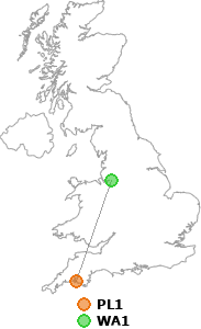 map showing distance between PL1 and WA1