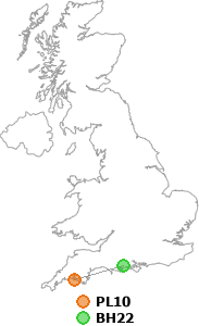 map showing distance between PL10 and BH22