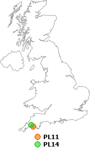 map showing distance between PL11 and PL14