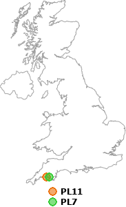 map showing distance between PL11 and PL7