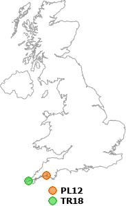 map showing distance between PL12 and TR18