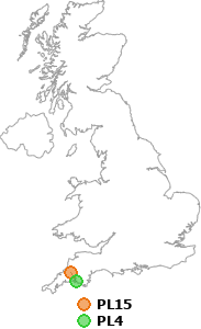 map showing distance between PL15 and PL4