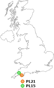 map showing distance between PL21 and PL15