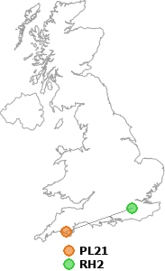 map showing distance between PL21 and RH2