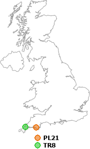 map showing distance between PL21 and TR8