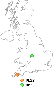 map showing distance between PL23 and B64
