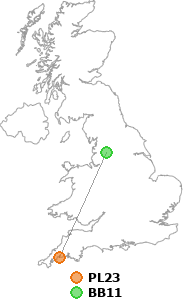 map showing distance between PL23 and BB11
