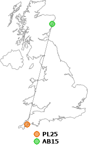 map showing distance between PL25 and AB15