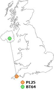 map showing distance between PL25 and BT64
