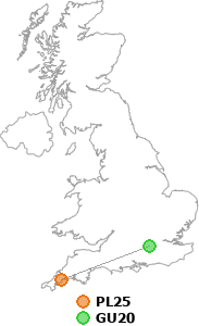 map showing distance between PL25 and GU20