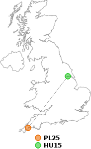 map showing distance between PL25 and HU15
