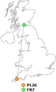 map showing distance between PL26 and FK7
