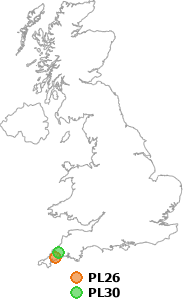 map showing distance between PL26 and PL30
