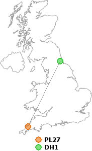 map showing distance between PL27 and DH1
