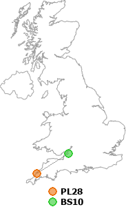 map showing distance between PL28 and BS10