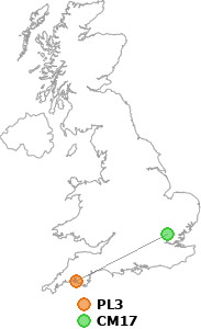 map showing distance between PL3 and CM17