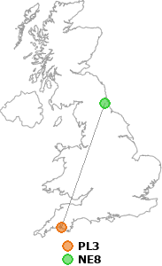 map showing distance between PL3 and NE8