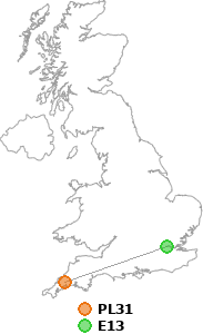 map showing distance between PL31 and E13