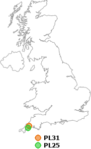 map showing distance between PL31 and PL25