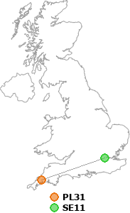 map showing distance between PL31 and SE11