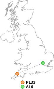 map showing distance between PL33 and AL6