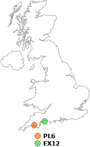 map showing distance between PL6 and EX12