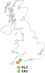 map showing distance between PL7 and EX1