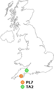 map showing distance between PL7 and TA2