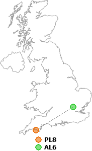 map showing distance between PL8 and AL6