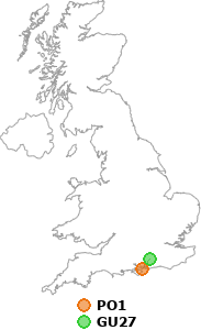 map showing distance between PO1 and GU27