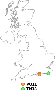 map showing distance between PO11 and TN38