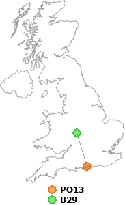 map showing distance between PO13 and B29