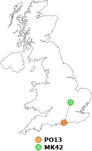 map showing distance between PO13 and MK42