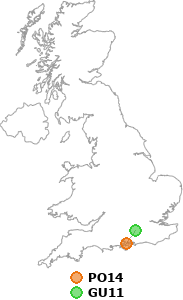 map showing distance between PO14 and GU11