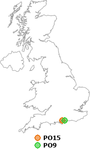 map showing distance between PO15 and PO9