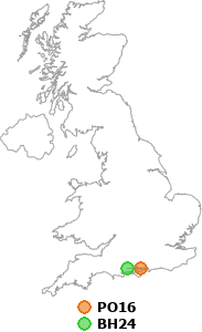map showing distance between PO16 and BH24