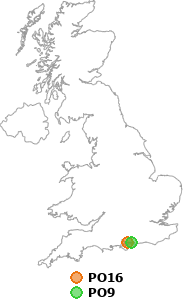 map showing distance between PO16 and PO9