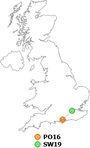 map showing distance between PO16 and SW19