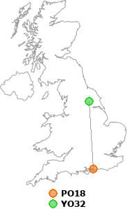 map showing distance between PO18 and YO32