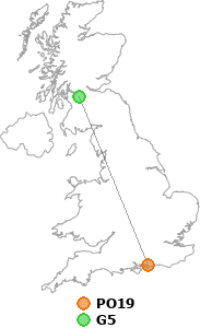 map showing distance between PO19 and G5